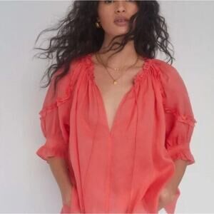 Aritzia Wilfred Blouse Women 2XS Reiki Fresco Peasant Boho Tie Tassel Ruffled